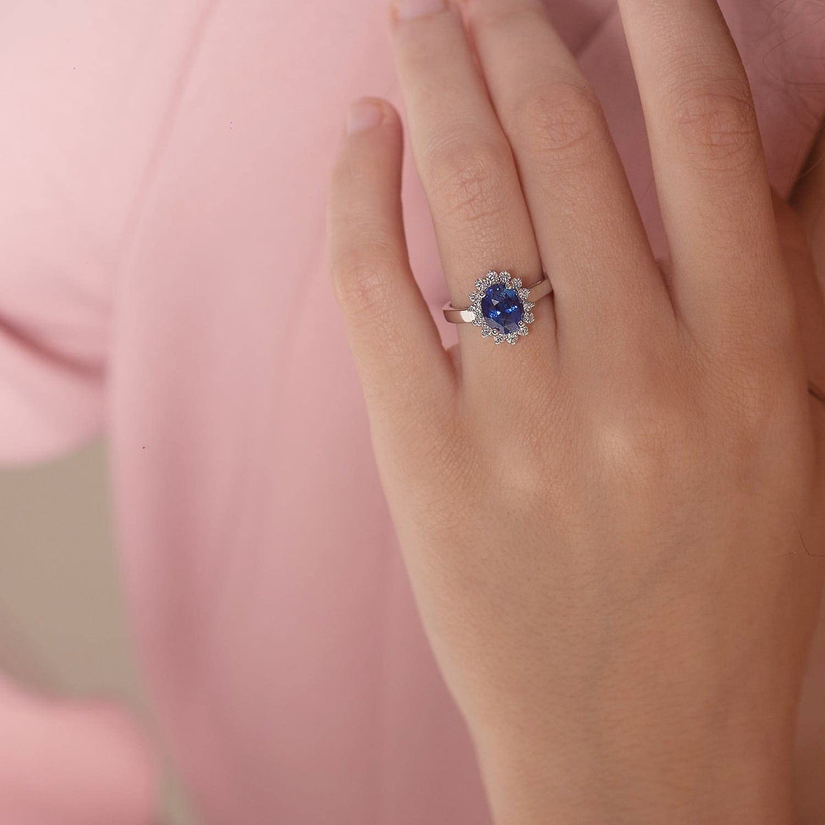 Princess Diana Inspired 3.00CTW AGI Certified G/VS Lab-Grown Sapphire and Diamond Halo Ring in 14K White Gold