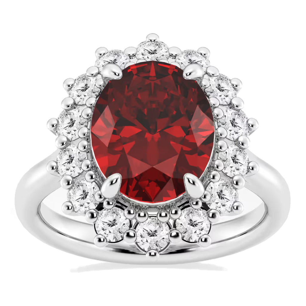 AGI Certified 3CTW Oval Lab Ruby Princess Diana Engagement Ring With Lab Diamond Halo in Choice of 14K White or Yellow Gold – 9x7mm